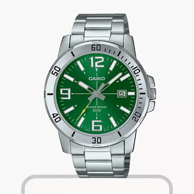 Casio Enticer Green Dial Silver Band Men's Watch- MTP-VD01D-3BV